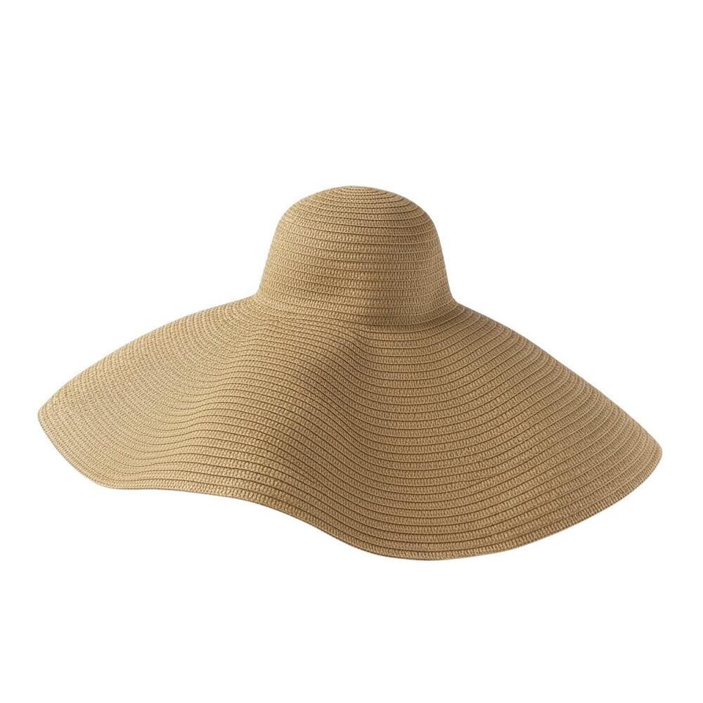 Women's Tan Oversized Wide Brim Woven Straw Summer Beach Sun Hat Cap Size 57cm